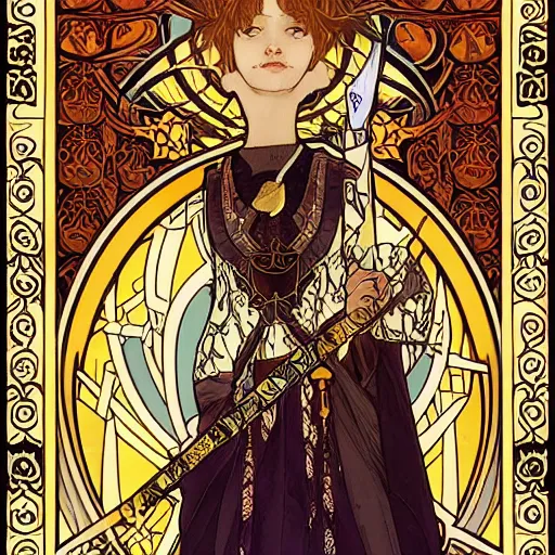 Prompt: tarot card hierophant by william morris and alphonse mucha and stephen bliss, trending pixiv fanbox by ilya kuvshinov, rossdraws, artgerm, sola digital arts, anti aliasing, raytracing