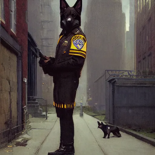 Image similar to new york city portrait of furry anthro anthropomorphic german shepard head animal person fursona wearing clothes nypd traditional police uniform in the alley, sunny day, digital art by Nerdrum John, William Waterhouse, Winslow Homer, Alex Heywood, Jordan Grimmer, Darren Quach, Greg Rutkowski, Simon Stalenhag, trending on Artstation, CGSociety