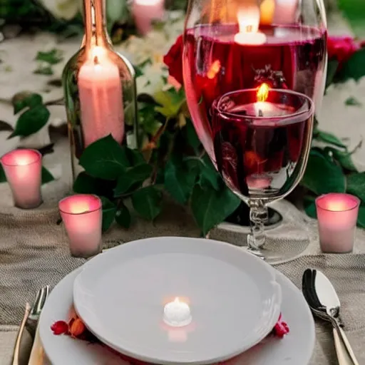 Image similar to beautiful romantic luxury table with wine bottle and candles covered in rose petals