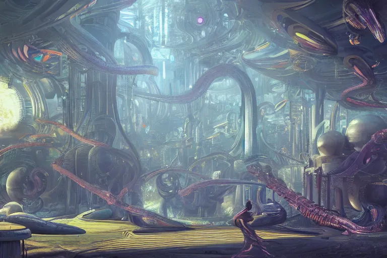 Image similar to a beautiful painting of an elaborate utopian sci - fi scene painted by hr giger and lisa frank, detailed, unreal engine, 4 k octane render, raytracing, volumetric lighting, epic, shadows,