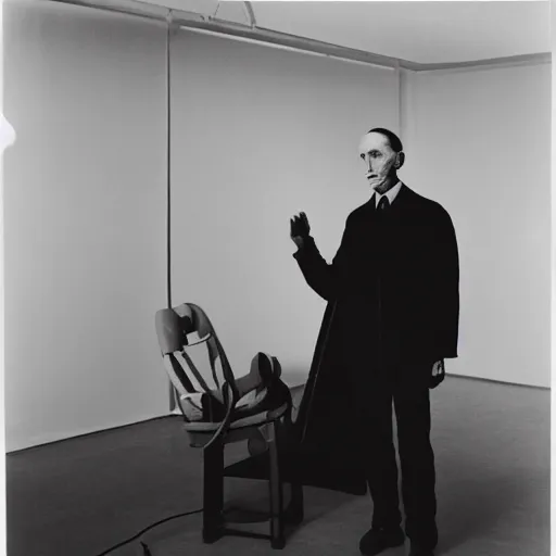 Prompt: underexposed photo of Marcel Duchamp in a minimal room with an ancient machine, tri-x, archival pigment print in the style of Hito Steyerl and Trevor Paglen, contemporary art