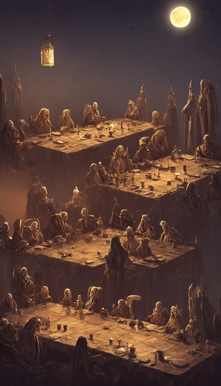 Image similar to A meeting of the council of elders, robed figures sat around a table, beautiful architecture, night time, stars visible, beautiful moon light, concept art, fantasy art, digital art by michal karcz, trending on artstation, highly detailed, 8k