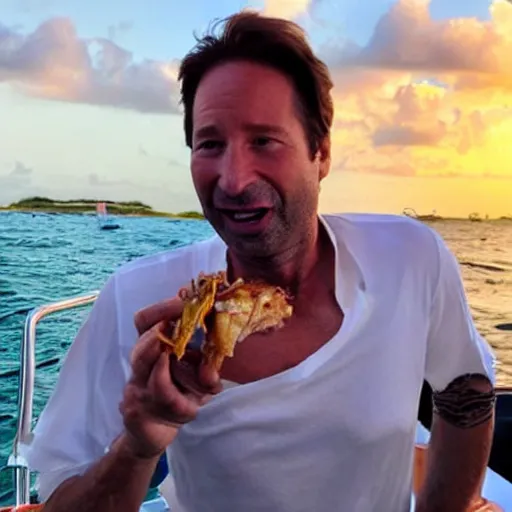 Prompt: photo of david duchovny eating soft shell crab on a yacht in the bahamas at sunset