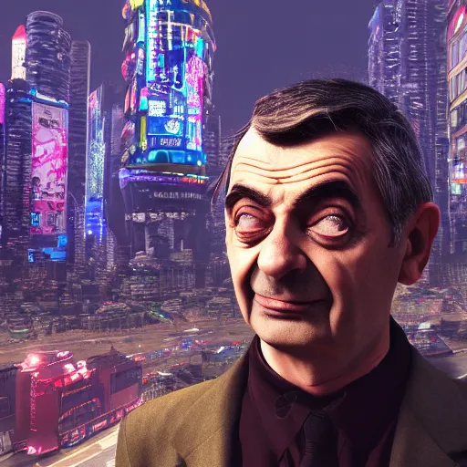 Prompt: mr bean, head and shoulder shot, cyberpunk city, city background, 4k, beautiful face, hyperdetailed, trending on artstation, digital art