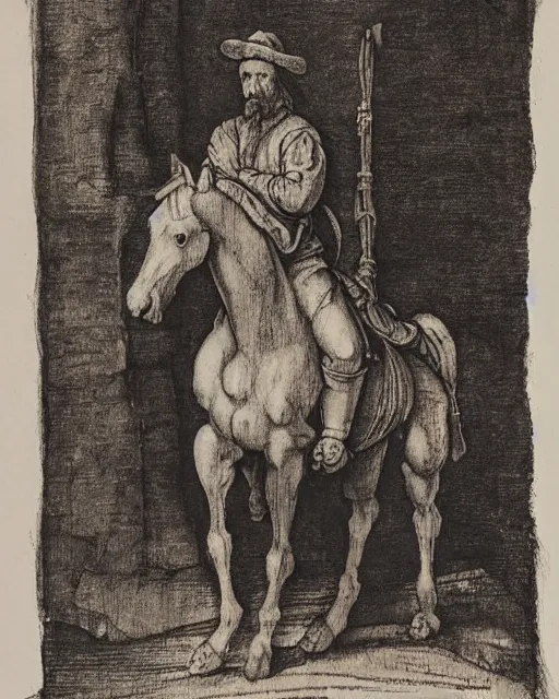 Prompt: man on horse, in the style of albrecht durer,