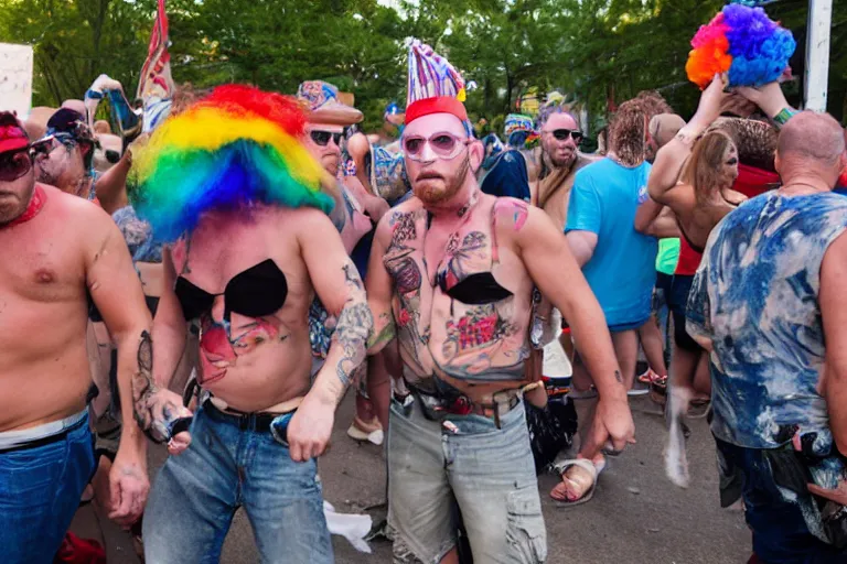 Image similar to pride party of rednecks, street photography, photojournalism