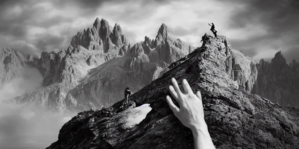 Image similar to ego perspective photography of hands holding climbing mountain in the dolomites, climbing, dolomites, alpine, detailed intricate insanely detailed octane render, 8k artistic 1920s photography, photorealistic, black and white, chiaroscuro, hd, by David Cronenberg, Raphael, Caravaggio