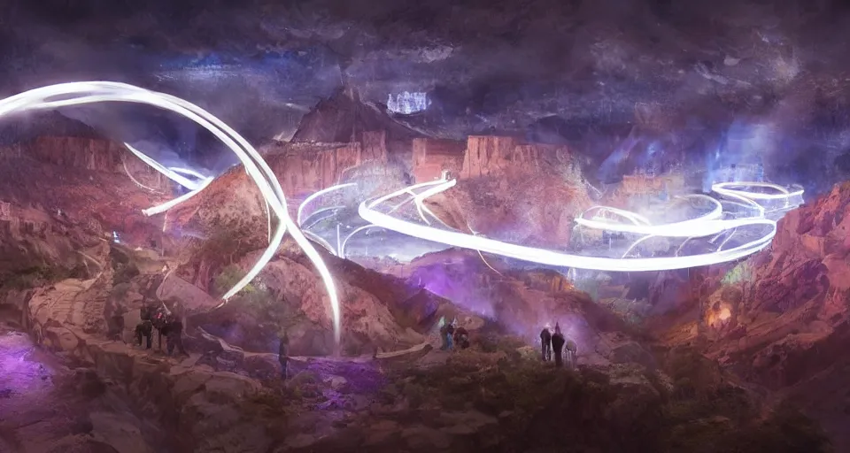 Image similar to night, a lot of people and a spiral - shaped white luminous attractor is floating in grand canyon, concept art, art for the game, professional lighting, art