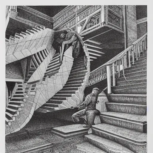 Prompt: a photocopy of a lost mc escher lithograph, extreme detailed