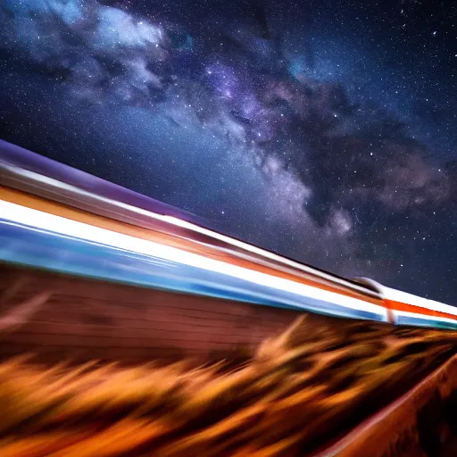 Image similar to A train going through space, 4K, professional photography