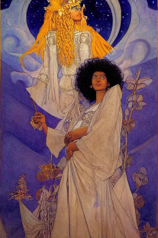 Image similar to queen of the moon with stars in her hair by Nicholas Roerich and Annie Swynnerton and Diego Rivera and jean delville and Carl Larsson, dramatic cinematic lighting , dark skin and natural afro hair, silver jewelry, ornate headdress, flowing robes, sacred artifacts, lost civilizations, smooth, sharp focus, extremely detailed