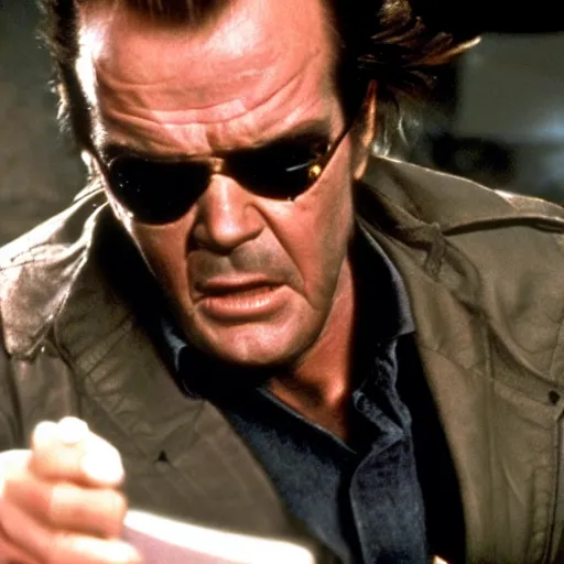 Image similar to Jack Nicholson plays Terminator, epic scene where his endoskeleton gets exposed