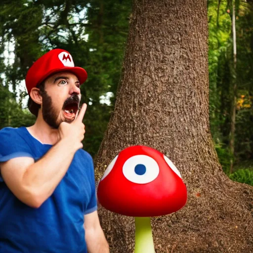 Image similar to photo of real life mario finding a giant mushroom, exhilarated, portrait, closeup. mouth open, 30mm, bokeh