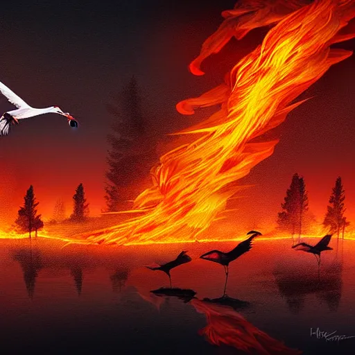 Image similar to in the lower part of the picture is the harp burning in the fire, above are cranes flying in flames, digital painting, concept art