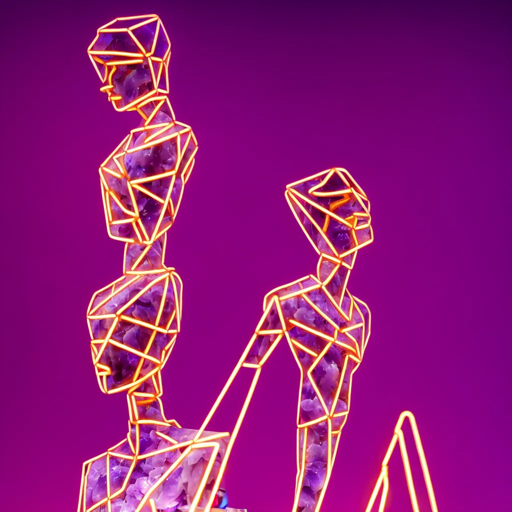 Image similar to beautiful mannequin sculpted out of amethyst by billelis + lit with geometric neon + kintsugi, facing a doorway opening with neon pink geometric light + gold geometric cubed bonsai plants, clean linework, dramatic, finely detailed, rule of thirds, moody, award winning, 4 k, trending on artstation, photorealistic, volumetric lighting, octane render