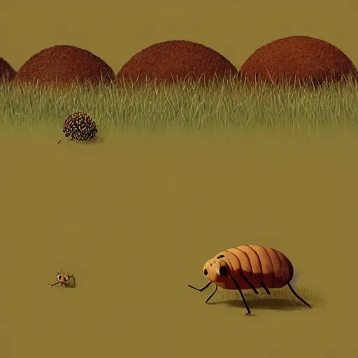 Prompt: Two anthills in the field at a distance, where the ants move food from one to the other, ilustration art by Goro Fujita