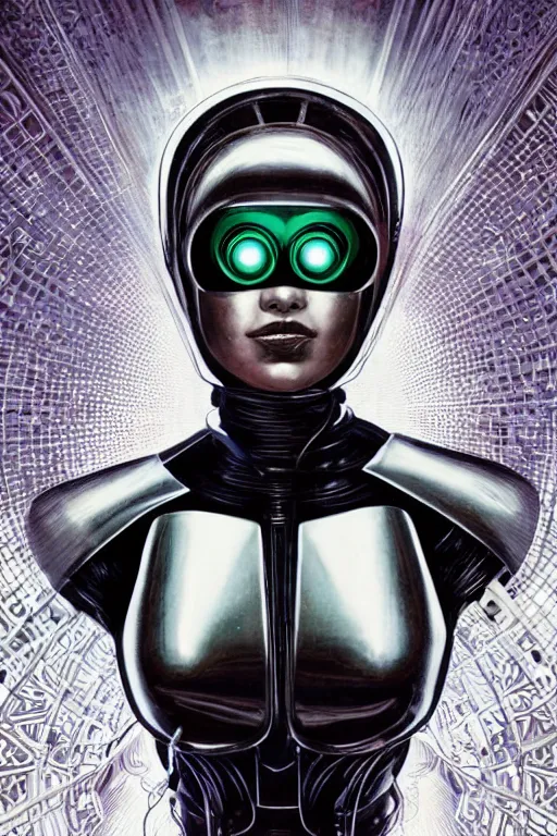 Image similar to retro-futuristic portrait of a beautiful blind female android in old chrome armour with cables and wires, laying in white liquid, ornate background, rim light, ornate pattern, glowing eyes, evil expression, high details, intricate details, renaissance painting by vincent di fate, artgerm julie bell beeple, 80s, Smooth gradients, High contrast, depth of field, very coherent symmetrical artwork
