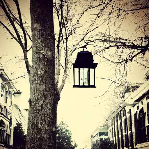 Image similar to lonely old lantern on empty modern street around trees brunches at night