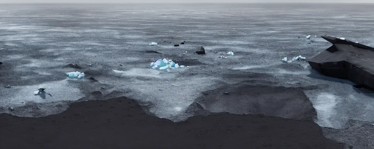 Prompt: matte painting of military spacecraft crashing into an endless black sand beach in iceland with icebergs in the distance, trending on artstation, octane render, hd, 8 k