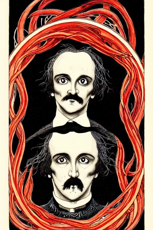 Prompt: realistic symmetrical portrait of edgar allen poe in the center of a red whirlpool frame, detailed art by kay nielsen and walter crane, illustration style, watercolor