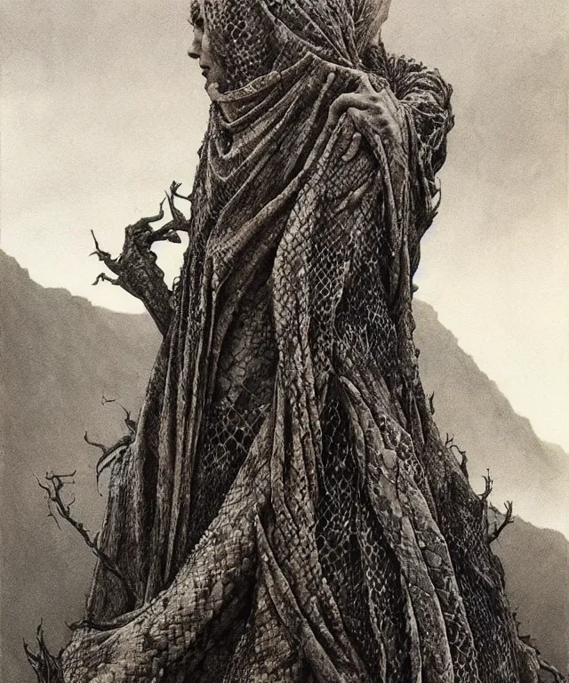 Prompt: A detailed snakewoman stands among the hills. Wearing a ripped mantle, robe. Perfect faces, extremely high details, realistic, fantasy art, solo, masterpiece, art by Zdzisław Beksiński, Arthur Rackham, Dariusz Zawadzki