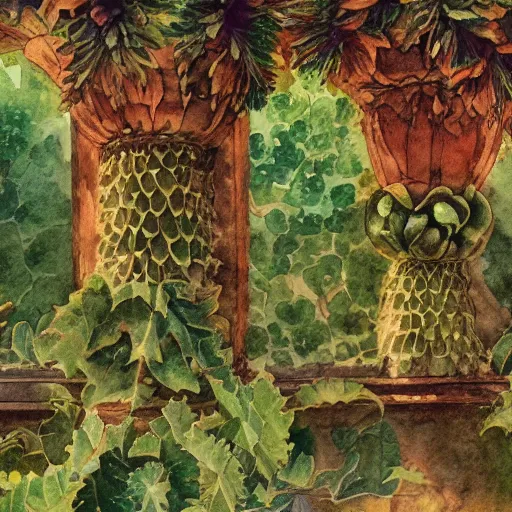 Image similar to delicate garden on paper floating puffy vines botanical herbarium botanic watercolors iridescent 8 k wide angle realistic shaded fine details, artstation italian rainbow colonnade oak pinecone gardena architecture pompeii