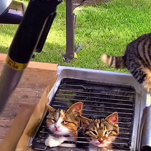Prompt: trailcam footage of a cat cooking a meal using a bbq. caught on camera