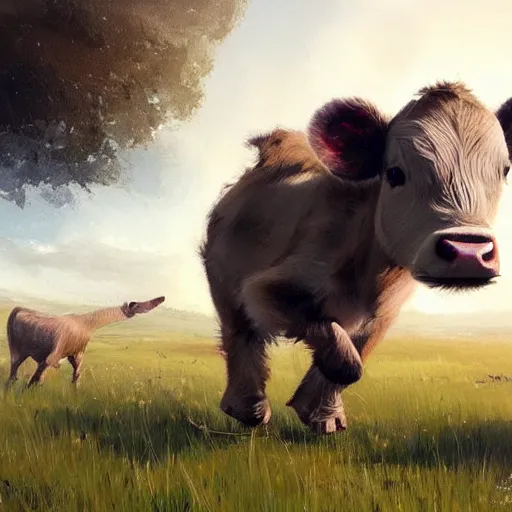 Image similar to beautiful concept art of a cute calf having the zoomies on a meadow by greg rutkowski