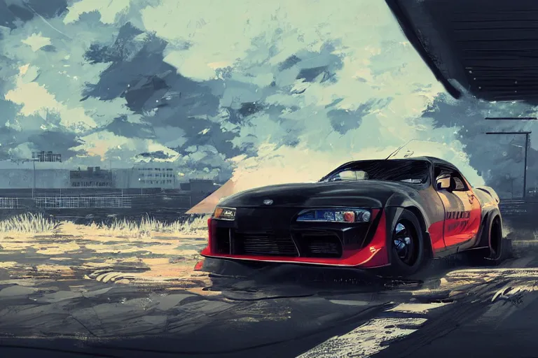 Image similar to digital illustration of mad max's toyota supra pursuit special, by makoto shinkai, ilya kuvshinov, lois van baarle, rossdraws, basquiat