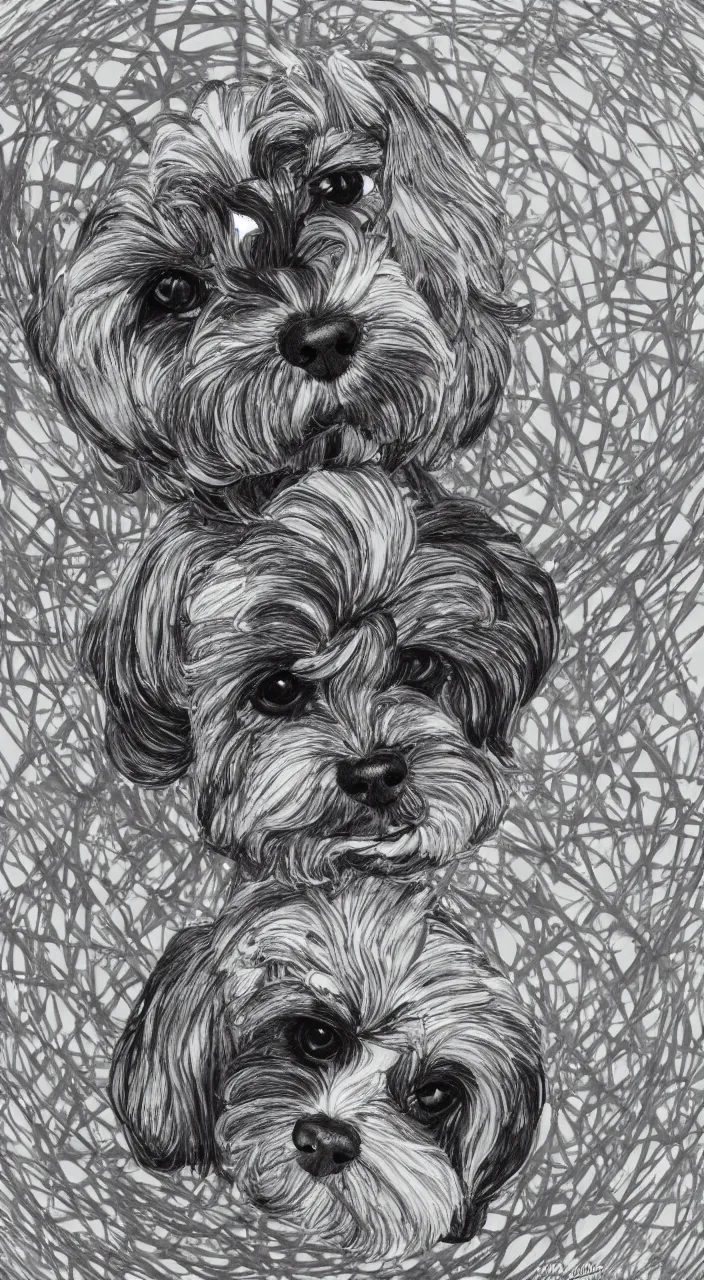 Image similar to full body portrait of one havanese dog reflected in a chrome sphere, ultra wide 1 0 mm, by m c escher pen and paper