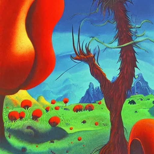 Prompt: fantasy painting of a landscape by dr seuss | horror themed | creepy
