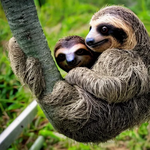 Image similar to a sloth hugging a turtle