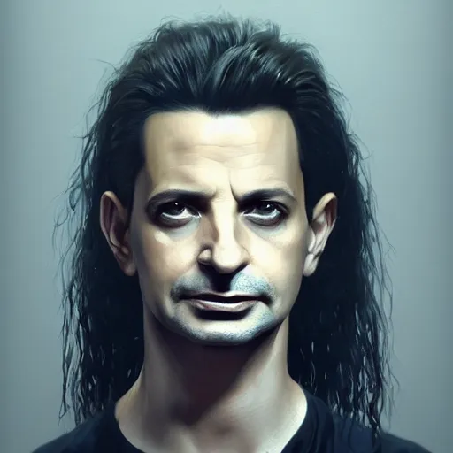 Prompt: portrait of a young dave gahan with long stringy hair as a zombie eating some meat, 7 days to die zombie, fine art, award winning, intricate, elegant, sharp focus, cinematic lighting, highly detailed, digital painting, 8 k concept art, art by guweiz and z. w. gu, masterpiece, trending on artstation, 8 k