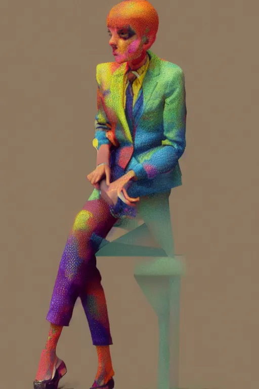 Prompt: a scene with a character wearing a super colorful muted color diy! suit, vivienne westwood!, detailed photoreal render octane render, pointillism, oil on canvas