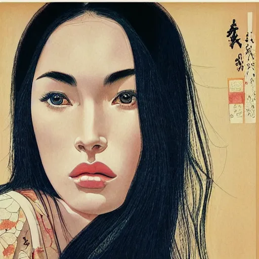 Image similar to “ megan fox portrait by ikenaga yasunari and ayana otake and ko rakusui, 6 0 s poster, drawing, realistic, sharp focus, japanese, dreamy, nostalgia, faded, golden hues, floral clothes, porcelain skin ”