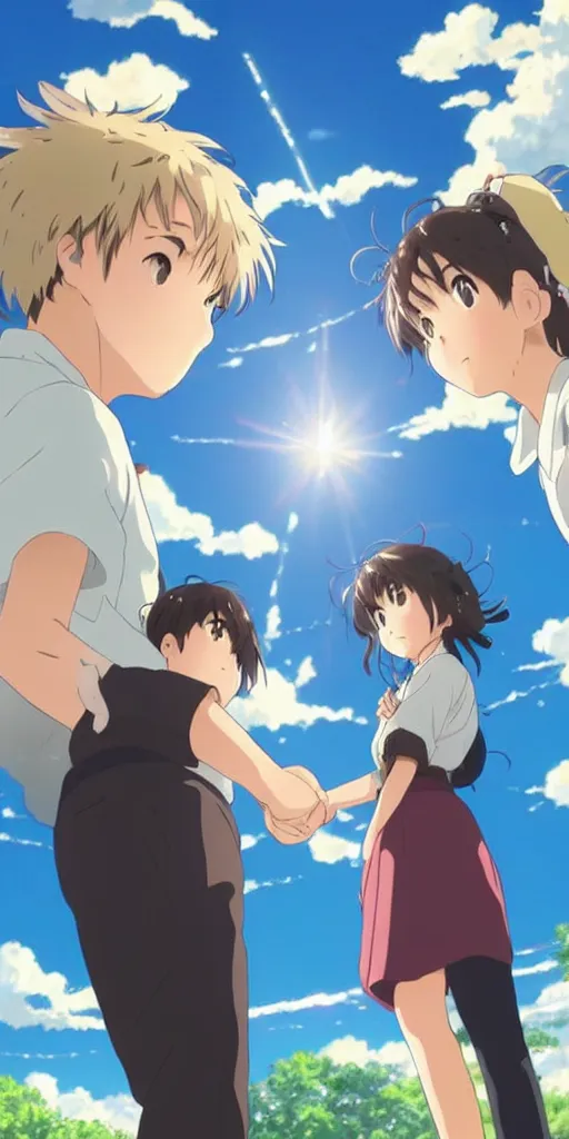 Prompt: a man and a woman holding hands under a beautiful sun drawn like the anime Your Name anime,