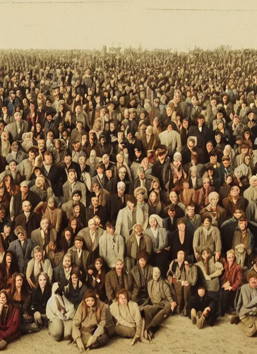 Prompt: photograph of people gathered in preparation for the end of the world all of their mouths are agape.