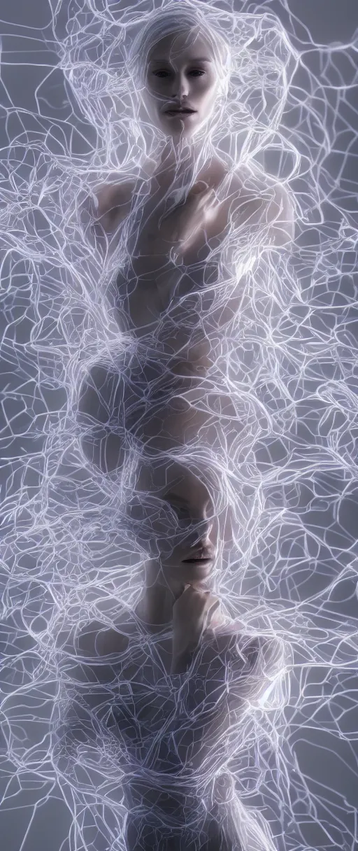 Prompt: a highly detailed digital image of an elegantly posed futuristic woman beautifully intertwined in chromatic liquid like leaves, matte white background, full body shot, by Andrew Chiampo, artstation, and Frederik Heyman, extremely detailed woman, stunning volumetric lighting, hyper realism, fantasy 4k