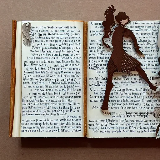 Prompt: cut paper sculpture of harry potter and hermione granger in a book