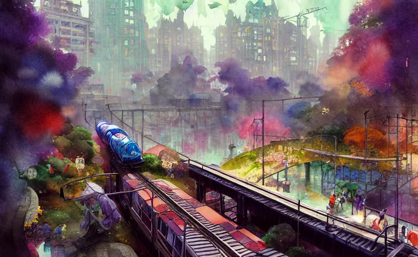 Image similar to an urban train rides inside of a waterway on a fantasy city. intricate, amazing composition, colorful watercolor, by ruan jia, by maxfield parrish, by marc simonetti, by hikari shimoda, by robert hubert, by zhang kechun, illustration, gloomy