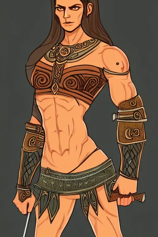 Image similar to full body portrait, thin muscular viking amazon warrior woman, 6 pack ab, symmetrical beautiful face, relaxed pose. fantasy illustration