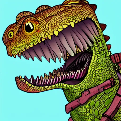 Prompt: detailed crocodile with a bear trap jaw as a colorful anime character