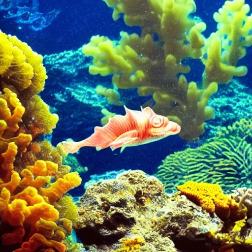 Image similar to photo of an extremely cute alien fish swimming an alien habitable underwater planet, coral reefs, dream - like atmosphere, water, plants, peaceful, serenity, calm ocean, tansparent water, reefs, fish, coral, inner peace, awareness, silence, nature, evolution