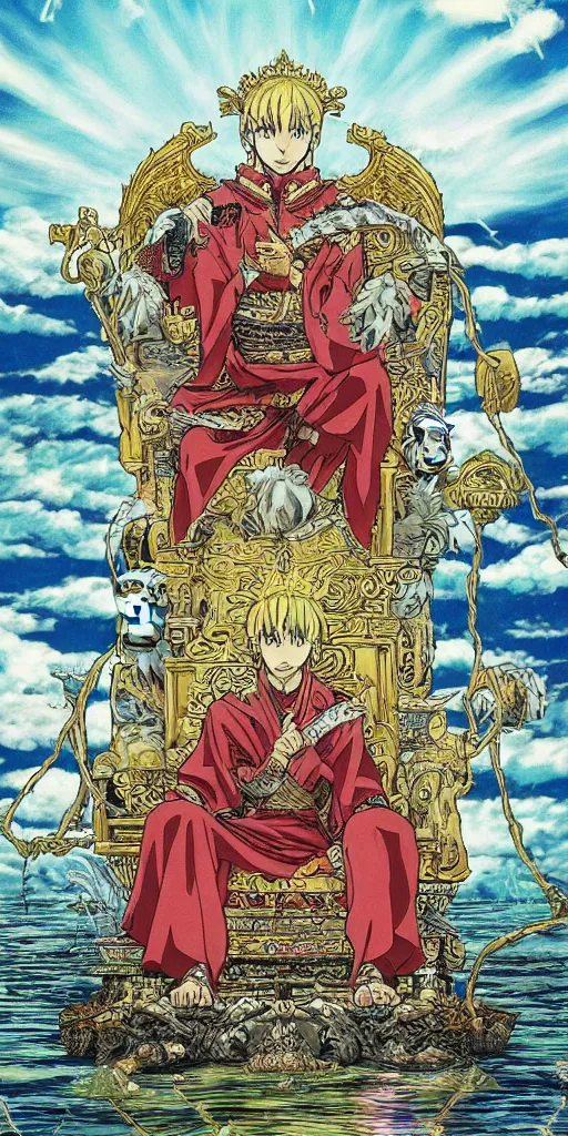 Prompt: a lone emperor sitting on a throne floating on water in the middle of a lake drawn by Makoto Yukimura in the style of Vinland saga anime, full color, detailed, psychedelic