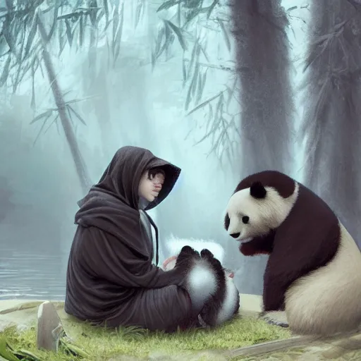 Image similar to an hooded man petting a fluffy cute panda near a river, nature, digital painting, artstation, concept art, soft light, hdri, smooth, sharp focus, illustration, fantasy, intricate, elegant, highly detailed, D&D, matte painting, in the style of Greg Rutkowski and Alphonse Mucha and artemisia, 8k, highly detailed, jurgens, rutkowski, bouguereau, pastoral, rustic, georgic, detailed concept art, illustration, colorful pastel, painting, detail, ultra detailed, digital art, 4K,