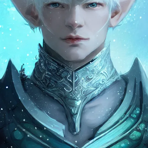 Prompt: portrait of a handsome male snow elf in a turquoise cape and silver ornate armour as an archer, albino skin, winter vibes, perfect face, elegant, very coherent symmetrical artwork, atmospheric lighting, rule of thirds, by wenjun lin, krenz cushart, charlie bowater, trending on artstation