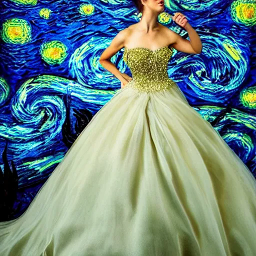 Image similar to Stunning picture of a model wearing a magnificent ball gown inspired by Van Gogh's Starry Night. Studio lighting