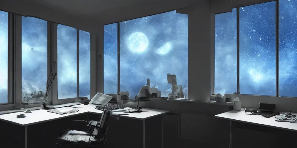 Prompt: photo realistic of a study, overlooking a space battle out a window, blue and black volumetric lighting