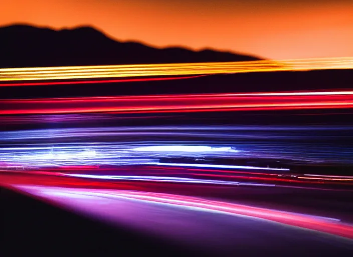 Image similar to a 2 8 mm macro photo of trailing streaked car lights on a winding mountain highway, long exposure at night, splash art, movie still, bokeh, canon 5 0 mm, cinematic lighting, dramatic, film, photography, golden hour, depth of field, award - winning, anamorphic lens flare, 8 k, hyper detailed, 3 5 mm film grain, hazy