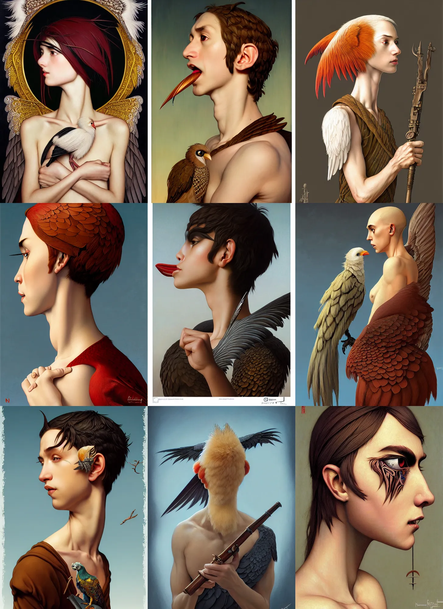 Prompt: rpg! profile! portrait of harpy bird humanoid on white background, beak, anime, intricate, highly detailed, digital painting, artstation, concept art, smooth, sharp focus, illustration, art by norman rockwell emiliano ponzi andrey remnev yoann lossel john currin aaron jasinski ivan albright hsiao - ron cheng, 8 k